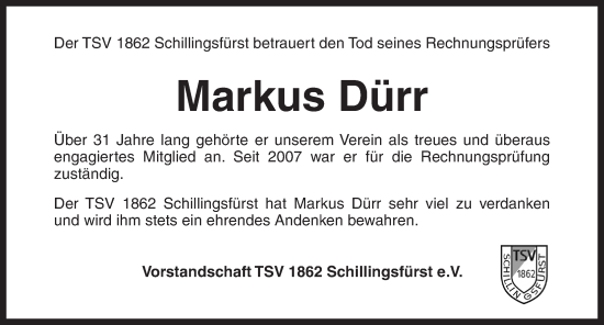 Traueranzeige von Markus Dürr von Rothenburg