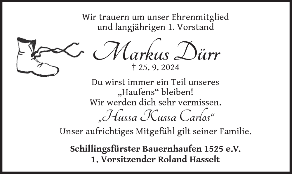  Traueranzeige für Markus Dürr vom 30.09.2024 aus Rothenburg