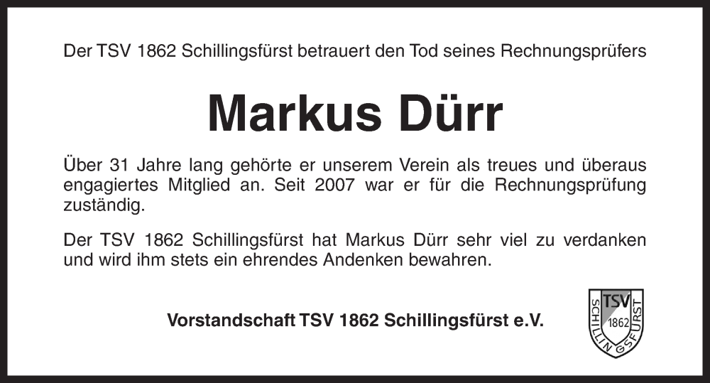  Traueranzeige für Markus Dürr vom 28.09.2024 aus Rothenburg