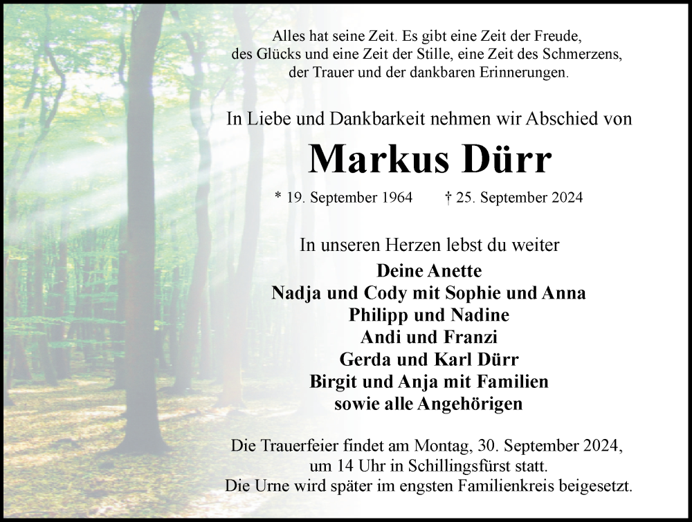  Traueranzeige für Markus Dürr vom 28.09.2024 aus Rothenburg