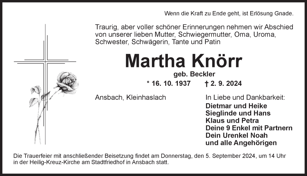  Traueranzeige für Martha Knörr vom 04.09.2024 aus Ansbach