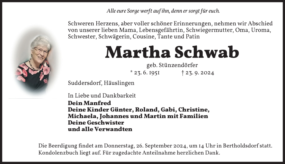  Traueranzeige für Martha Schwab vom 25.09.2024 aus Ansbach