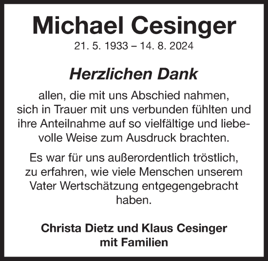 Traueranzeige von Michael Cesinger von Neustadt/ Scheinfeld/ Uffenheim