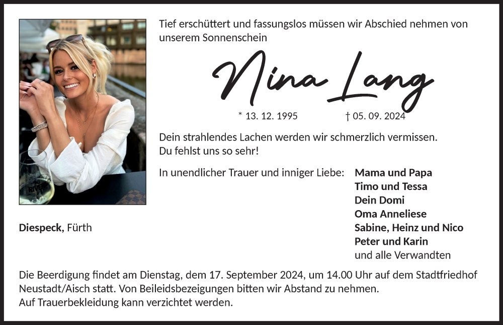  Traueranzeige für Nina Lang vom 14.09.2024 aus Neustadt/ Scheinfeld/ Uffenheim