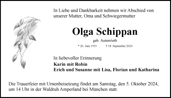 Traueranzeige von Olga Schippan von Rothenburg