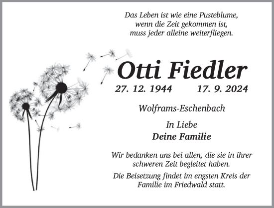 Traueranzeige von Otti Fiedler von Ansbach