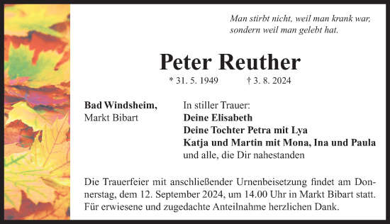 Traueranzeige von Peter Reuther von Neustadt/ Scheinfeld/ Uffenheim