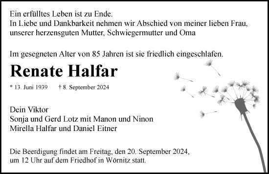 Traueranzeige von Renate Halfar von Rothenburg