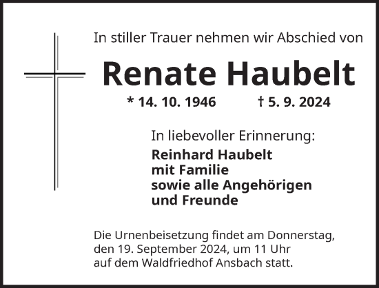 Traueranzeige von Renate Haubelt von Ansbach