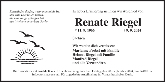 Traueranzeige von Renate Riegel von Ansbach