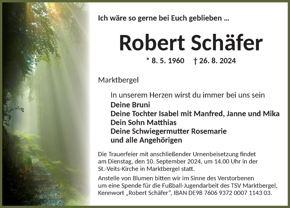  Traueranzeige für Robert Schäfer vom 07.09.2024 aus Neustadt/ Scheinfeld/ Uffenheim