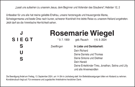 Traueranzeige von Rosemarie Wiegel von Ansbach