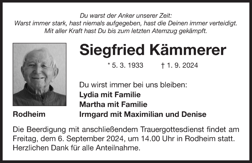  Traueranzeige für Siegfried Kämmerer vom 04.09.2024 aus Neustadt/ Scheinfeld/ Uffenheim