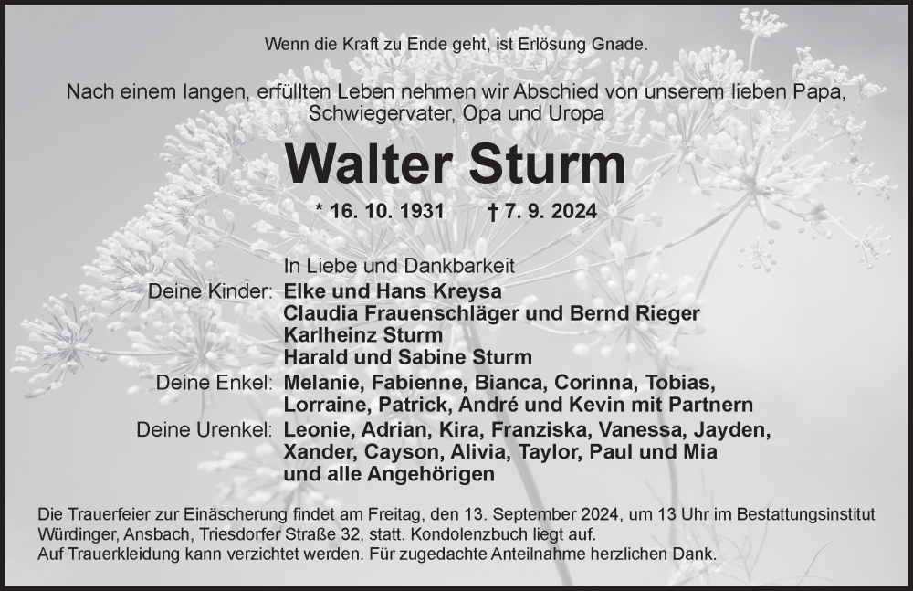  Traueranzeige für Walter Sturm vom 11.09.2024 aus Ansbach