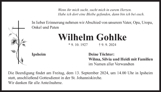 Traueranzeige von Wilhelm Gohlke von Neustadt/ Scheinfeld/ Uffenheim