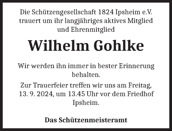 Traueranzeige von Wilhelm Gohlke von Neustadt/ Scheinfeld/ Uffenheim