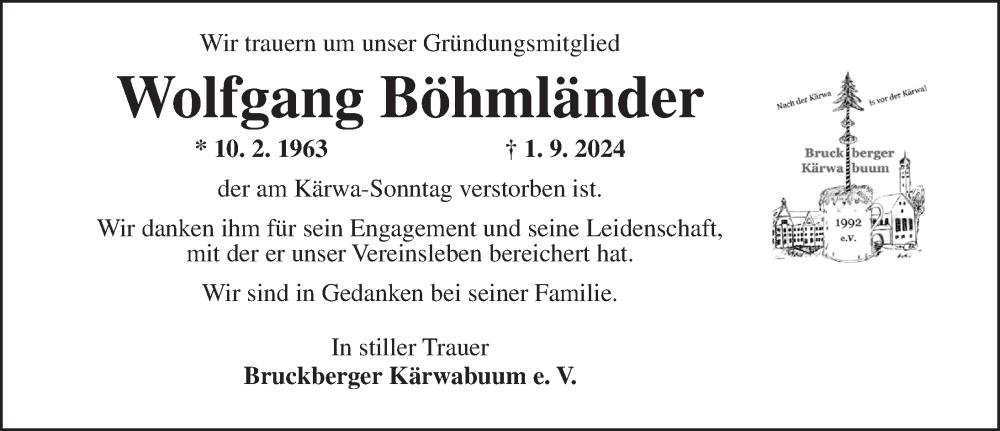  Traueranzeige für Wolfgang Böhmländer vom 04.09.2024 aus Ansbach