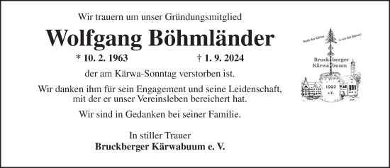 Traueranzeige von Wolfgang Böhmländer von Ansbach