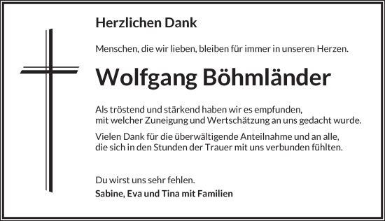 Traueranzeige von Wolfgang Böhmländer von Ansbach