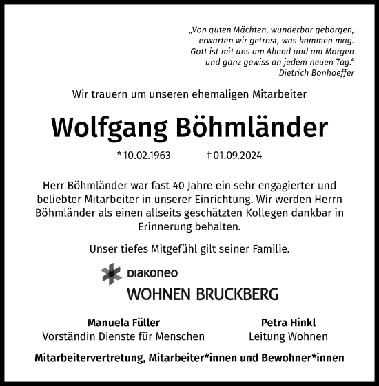 Traueranzeige von Wolfgang Böhmländer von Ansbach