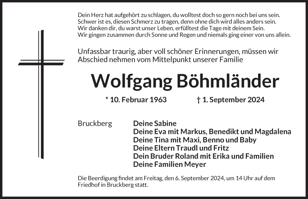  Traueranzeige für Wolfgang Böhmländer vom 04.09.2024 aus Ansbach