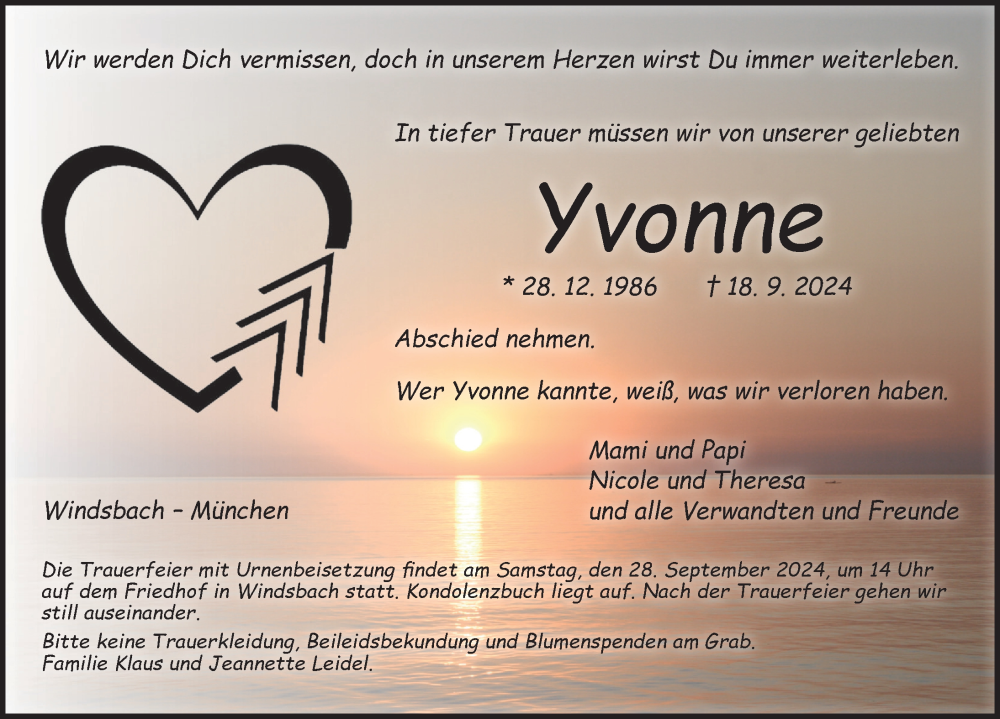  Traueranzeige für Yvonne  vom 25.09.2024 aus Ansbach