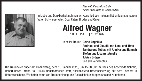 Traueranzeige von Alfred Wagner von Neustadt/ Scheinfeld/ Uffenheim
