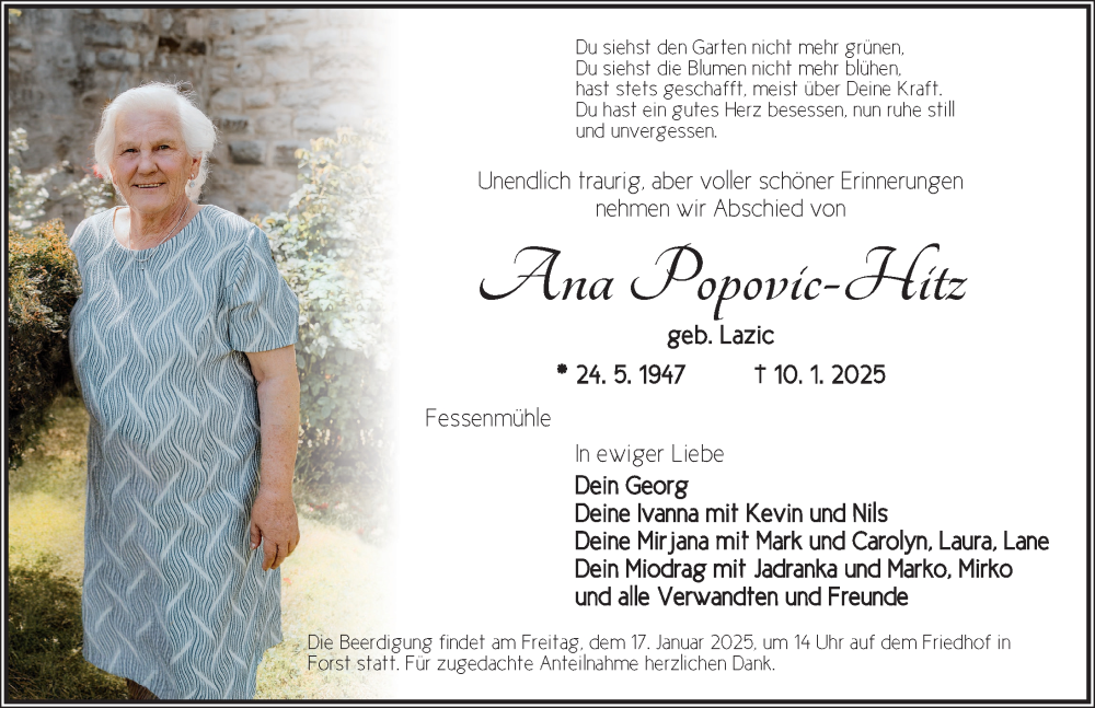  Traueranzeige für Ana Popovic-Hitz vom 15.01.2025 aus Ansbach