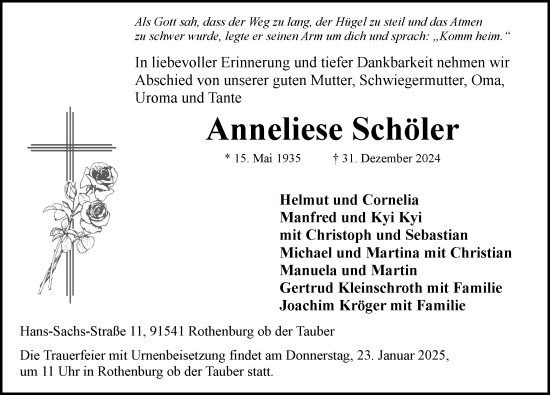 Traueranzeige von Anneliese Schöler von Rothenburg