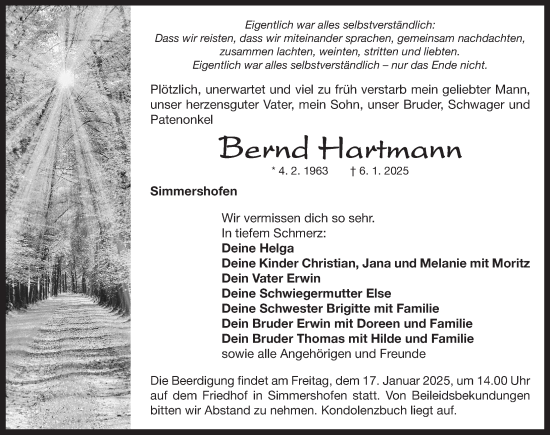 Traueranzeige von Bernd Hartmann von Neustadt/ Scheinfeld/ Uffenheim