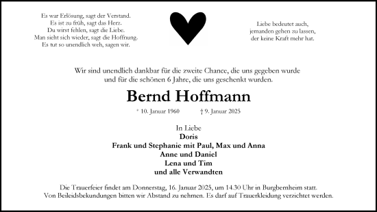 Traueranzeige von Bernd Hoffmann von Neustadt/ Scheinfeld/ Uffenheim