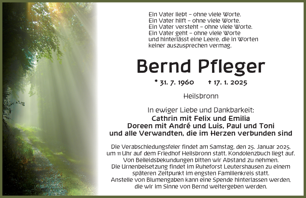  Traueranzeige für Bernd Pfleger vom 23.01.2025 aus Ansbach
