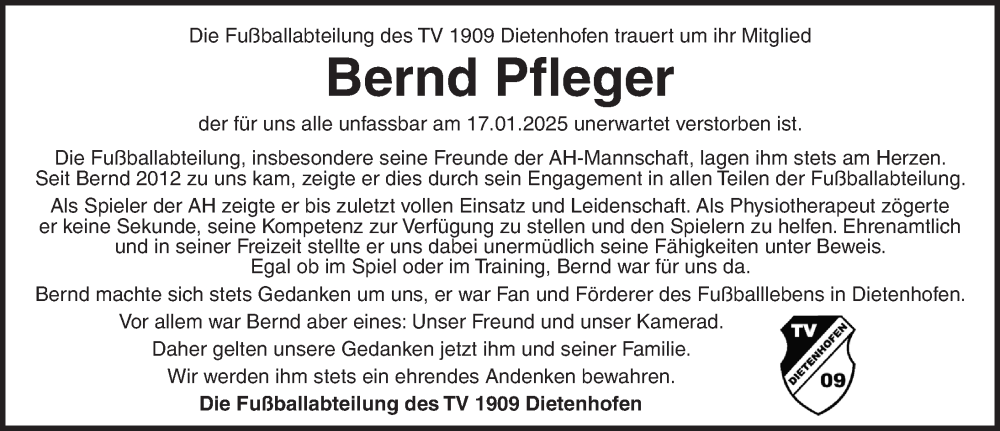  Traueranzeige für Bernd Pfleger vom 24.01.2025 aus Ansbach