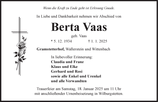 Traueranzeige von Berta Vaas von Dinkelsbühl/ Feuchtwangen