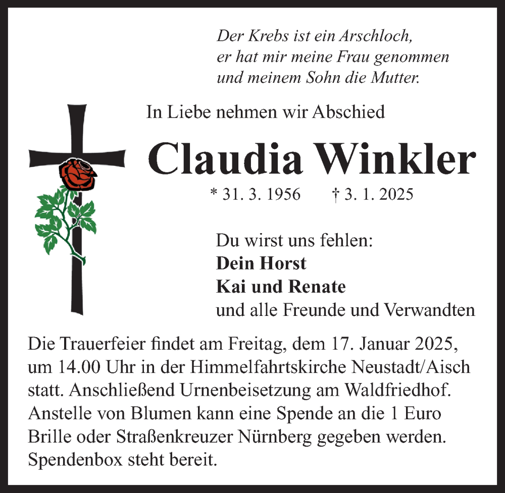  Traueranzeige für Claudia Winkler vom 11.01.2025 aus Neustadt/ Scheinfeld/ Uffenheim