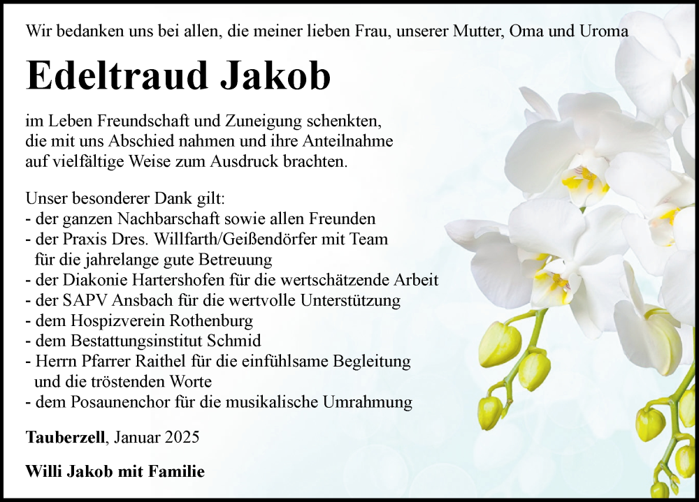  Traueranzeige für Edeltraud Jakob vom 14.01.2025 aus Rothenburg