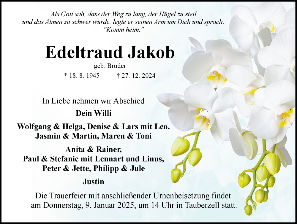  Traueranzeige für Edeltraud Jakob vom 07.01.2025 aus Rothenburg