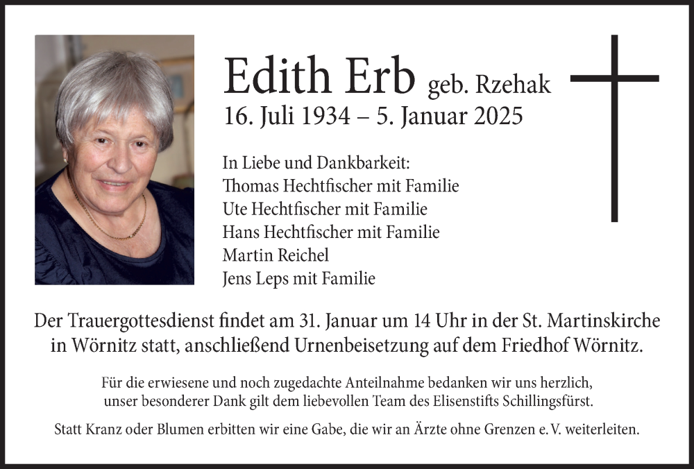  Traueranzeige für Edith Erb vom 25.01.2025 aus Rothenburg
