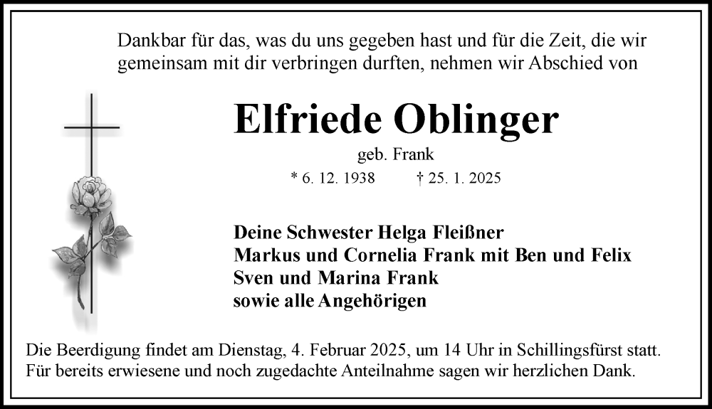  Traueranzeige für Elfriede Oblinger vom 30.01.2025 aus Rothenburg
