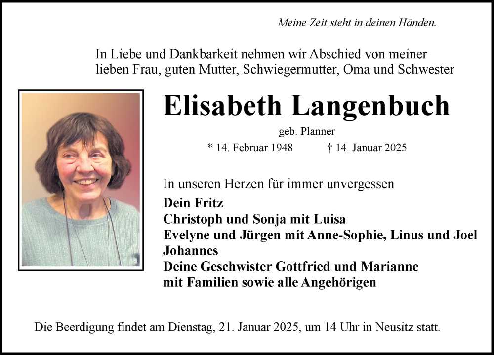 Traueranzeige für Elisabeth Langenbuch vom 18.01.2025 aus Ansbach