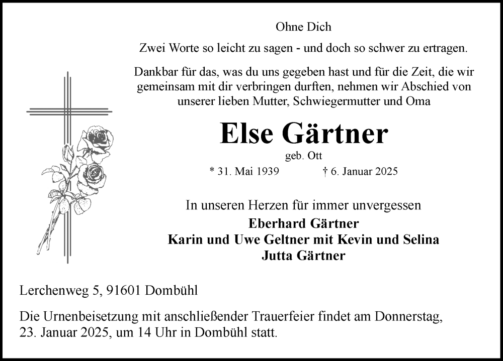  Traueranzeige für Else Gärtner vom 18.01.2025 aus Rothenburg