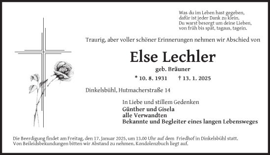 Traueranzeige von Else Lechler von Dinkelsbühl/ Feuchtwangen