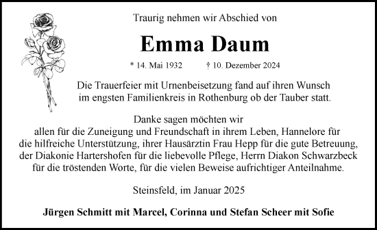 Traueranzeige von Emma Daum von Rothenburg