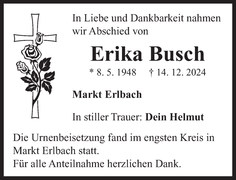  Traueranzeige für Erika Busch vom 18.01.2025 aus Neustadt/ Scheinfeld/ Uffenheim