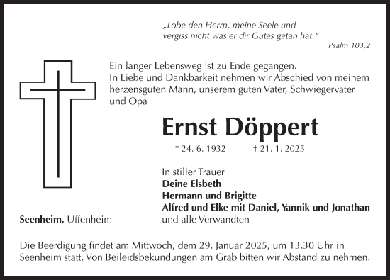 Traueranzeige von Ernst Döppert von Neustadt/ Scheinfeld/ Uffenheim