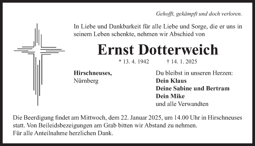  Traueranzeige für Ernst Dotterweich vom 18.01.2025 aus Neustadt/ Scheinfeld/ Uffenheim