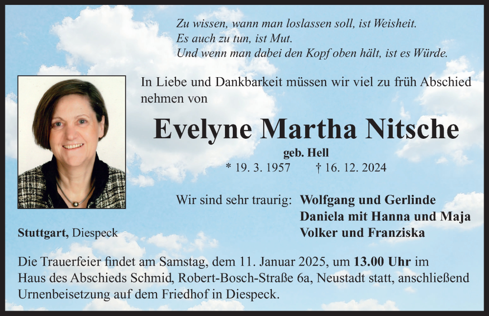  Traueranzeige für Evelyne Martha Nitsche vom 04.01.2025 aus Neustadt/ Scheinfeld/ Uffenheim