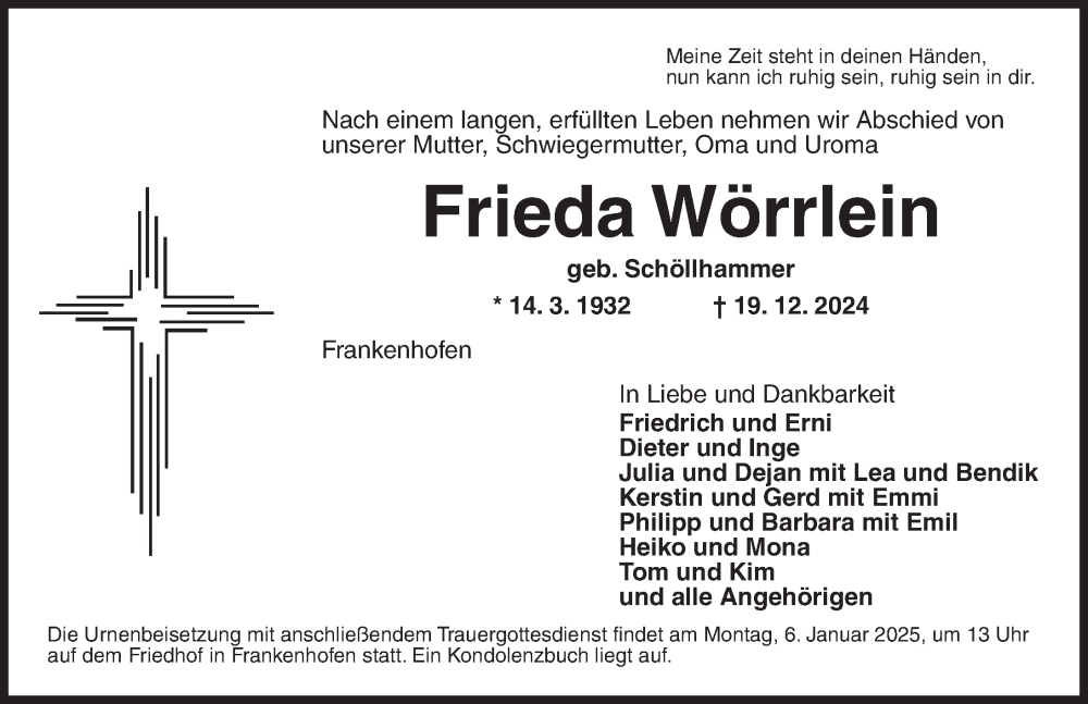  Traueranzeige für Frieda Wörrlein vom 03.01.2025 aus Dinkelsbühl/ Feuchtwangen