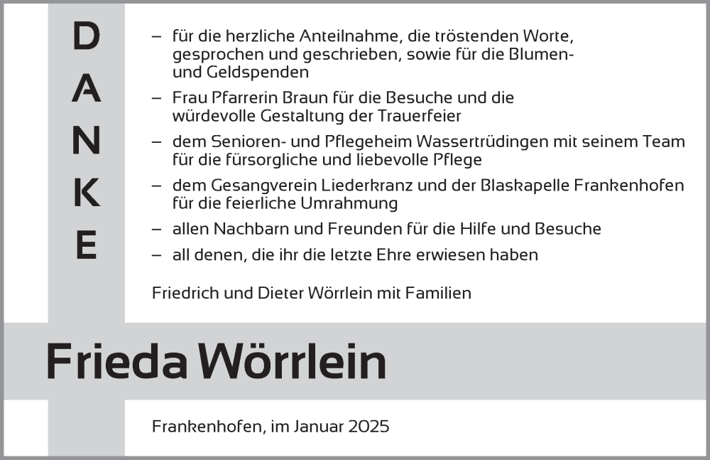  Traueranzeige für Frieda Wörrlein vom 25.01.2025 aus Dinkelsbühl/ Feuchtwangen