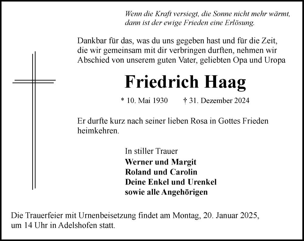  Traueranzeige für Friedrich Haag vom 14.01.2025 aus Rothenburg